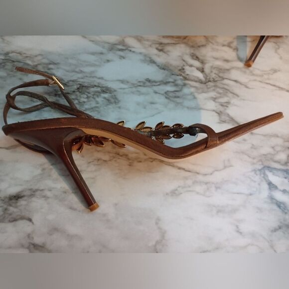 Valerie Stevens Brown Fabric & Rhinestone Stiletto Heels Leather Soles Size 8.5 - Picture 4 of 11